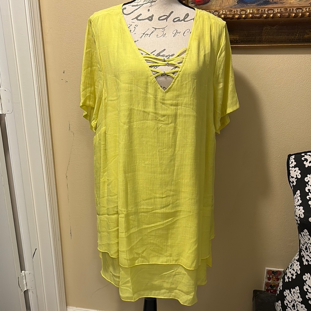 Avenue Chartreuse Yellow Lined V-Neck beaded criss cross detail Swim Coverup
